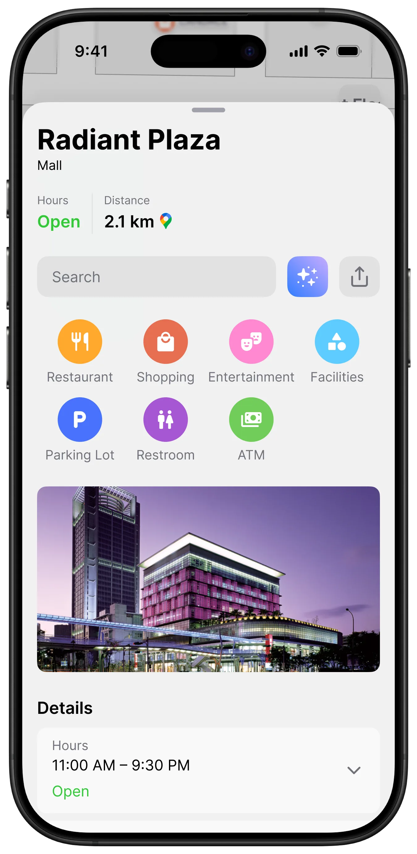Radiant Plaza-themed home — brand-icon category grid, featured venue photo, and parking summary