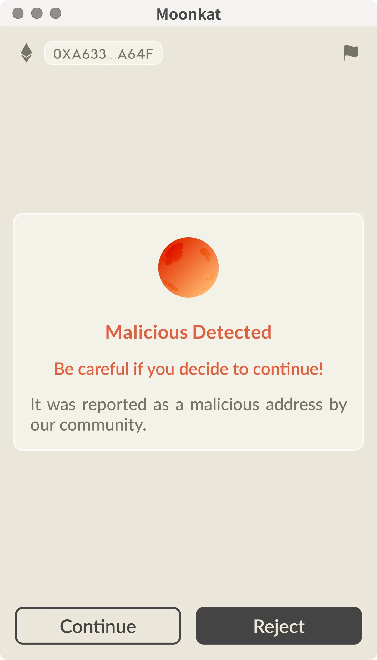 Malicious contract detected — Moonkat warns the user that the current transaction has been reported as a malicious address