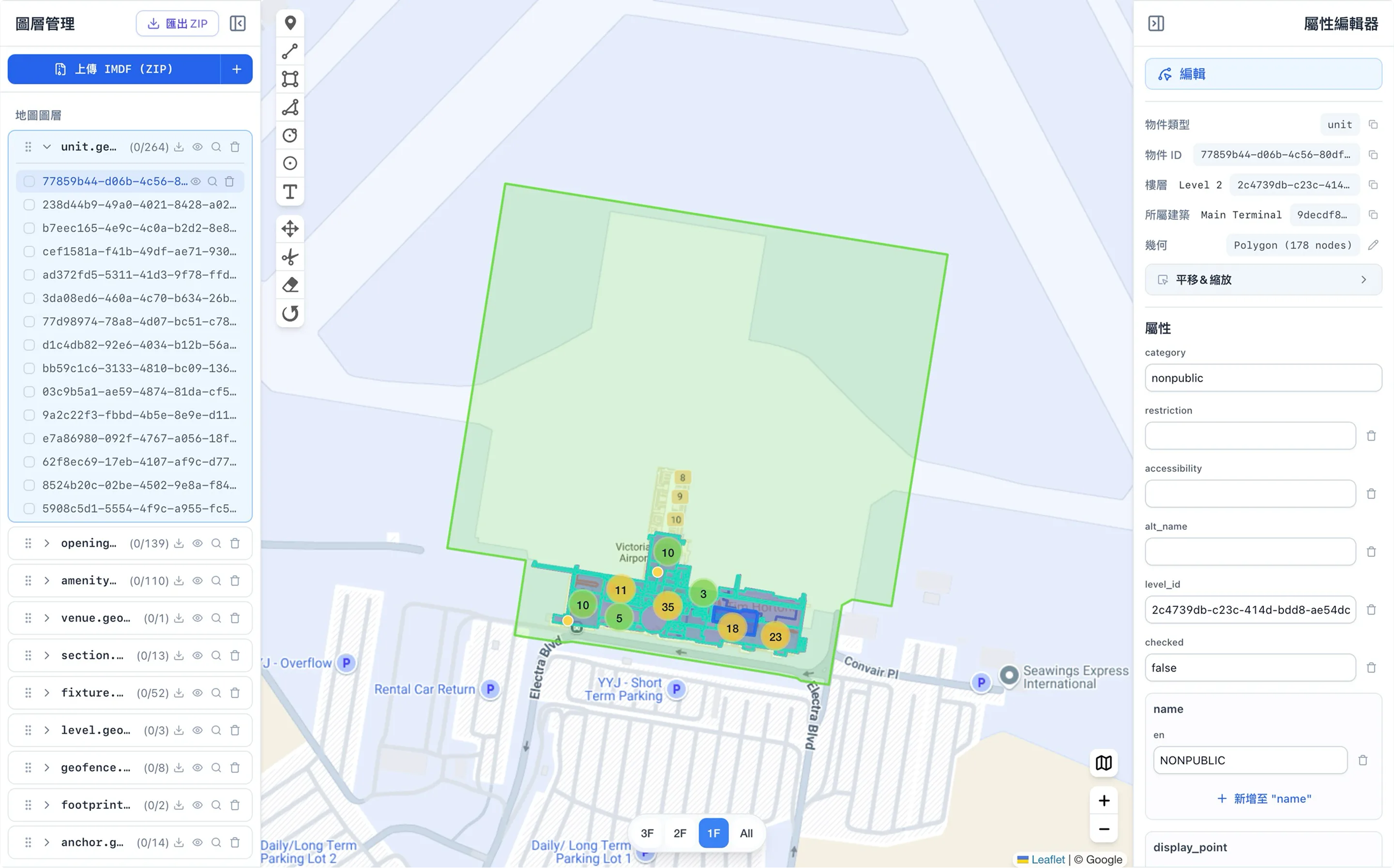 Internal IMDF editor — layered map canvas for authoring venue geometry, sidebar file list on the left and per-feature attribute editor on the right