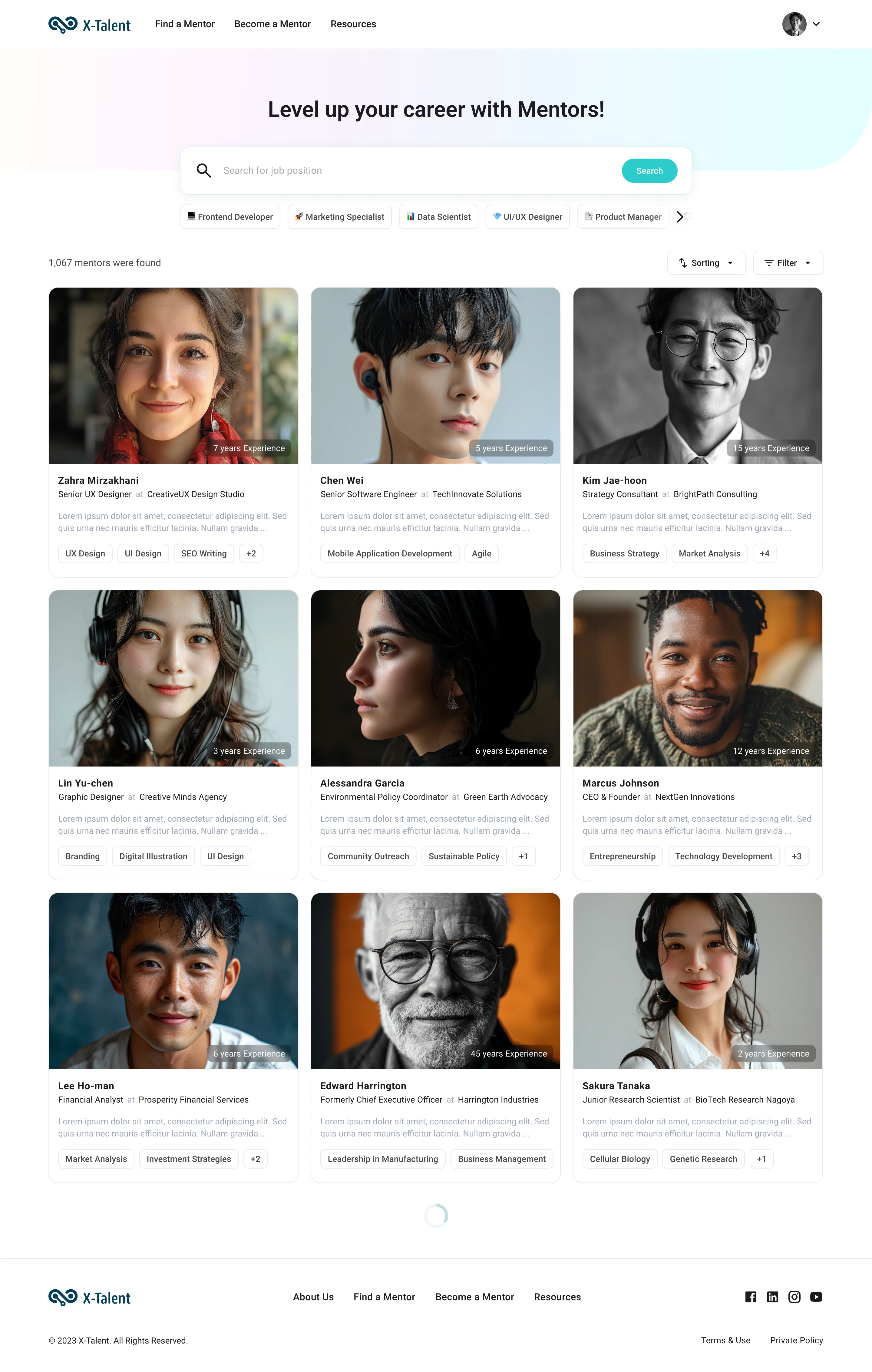 Mentor directory — category filters across disciplines and a grid of mentor cards with name, experience, role, and skill tags